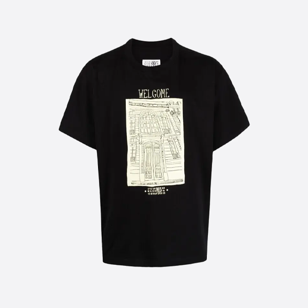 メゾン・マルジェア ヴィンテージ建築柄手描きプリント クルーネック半袖Tシャツ、ブラック