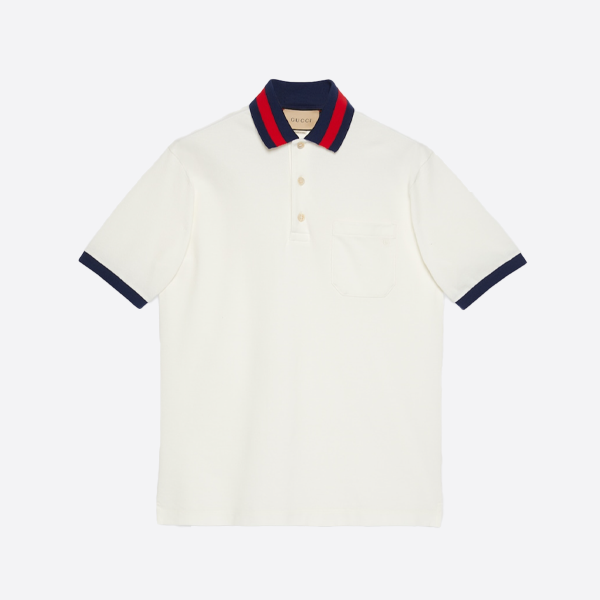 グッチの赤と緑のリボンにダブルGの刺繍が施された半袖ポロシャツ