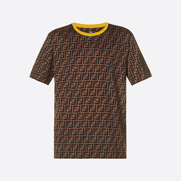 フェンディのFFロゴが全体にあしらわれたカラーブロックの半袖シャツ（イエローの襟付き）