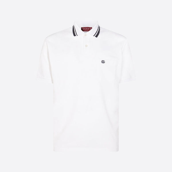 グッチ クラシック ポケット ダブルG刺繍ロゴ ポロシャツ 半袖、ホワイト。