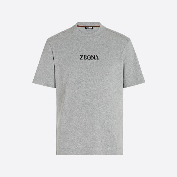 ゼニアの半袖シャツ、胸に文字プリント入り、グレー