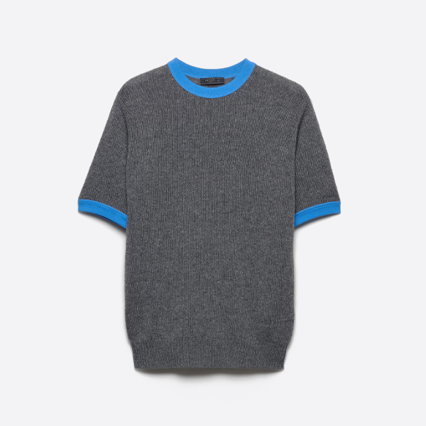 プラダのグレーブルーのカラーブロックニット半袖カシミヤセーター