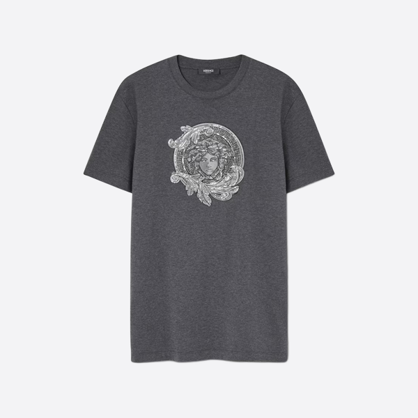 ヴェルサーチ メデューサ刺繍入り半袖Tシャツ、グレー