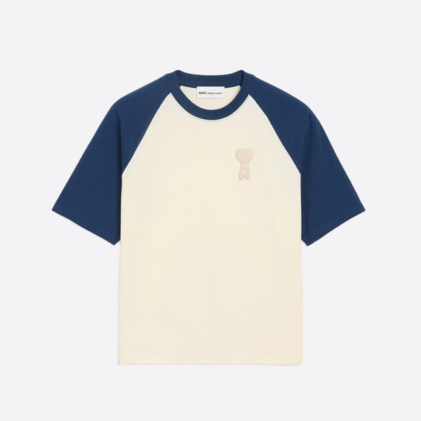 アミパリ ハート型クロシェ編みカラーブロック半袖Tシャツ、ブルー