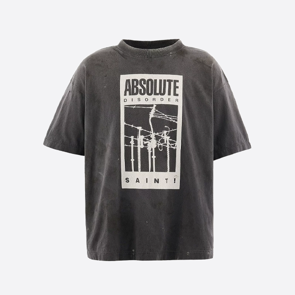 聖ミカエル柄ワイヤーメッシュプリント、ダメージ加工スプラッターペイント半袖Tシャツ