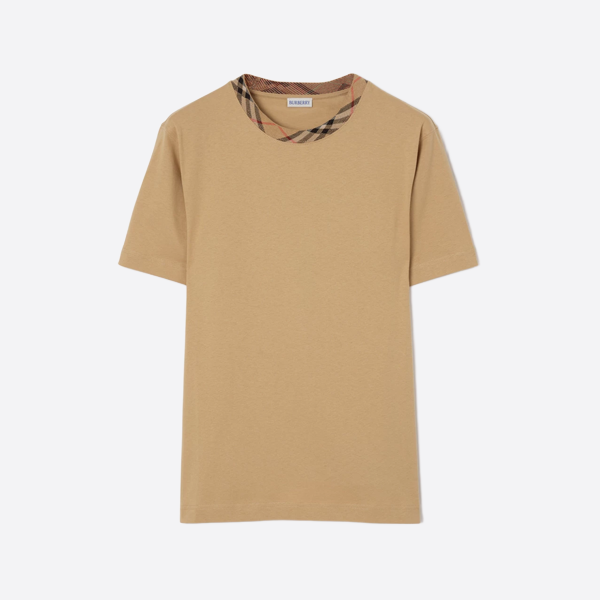 バーバリーのチェック柄襟付き半袖Tシャツ、カーキ