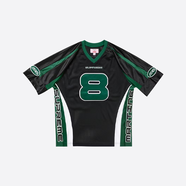 Supremeコラボレーションメッシュ素材のアメリカンサッカー半袖ジャージ、ブラック。