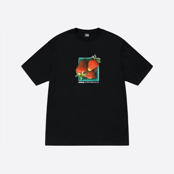 ステューシー ストロベリープリント クルーネック 半袖Tシャツ、ブラック