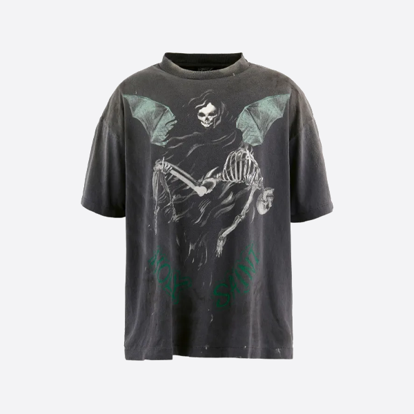 聖ミカエルの頭蓋骨、悪魔、天使のプリント入り半袖Tシャツ