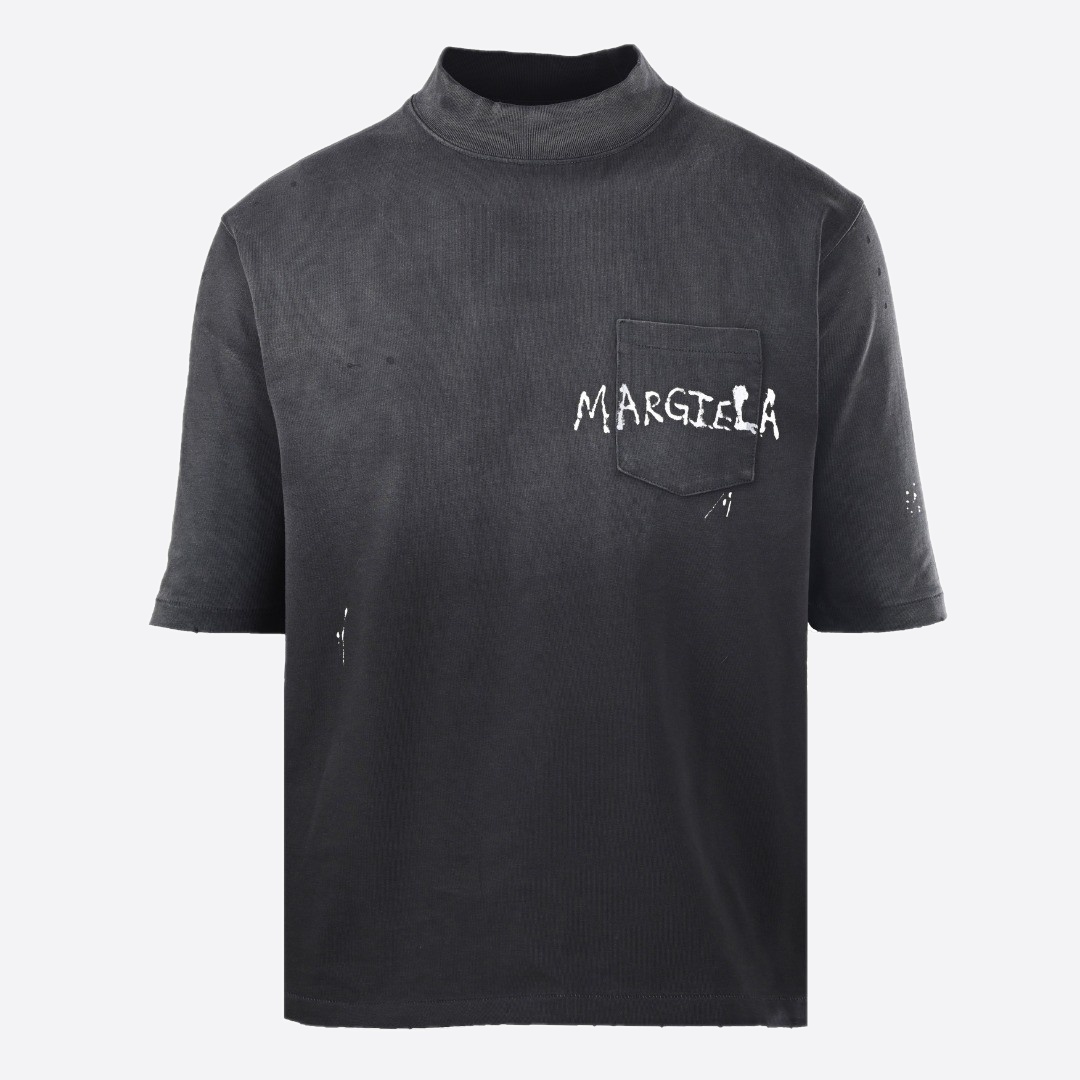 エムエムシックス メゾン マルジェラ ポケット グラフィティ ダメージ モックネック Tシャツ チャコール
