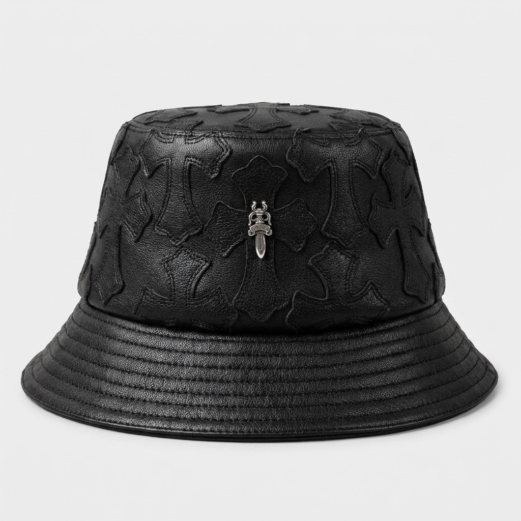 クロムハーツ ブラック レザー バケット Hat Front クロス