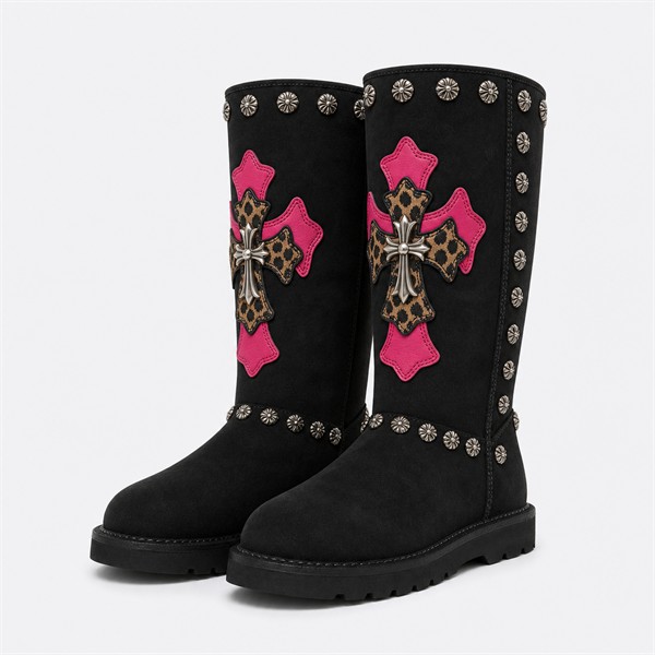 クロムハーツ x UGG スタッズ Haircalf High Snow ブーツ ブラック ピンク