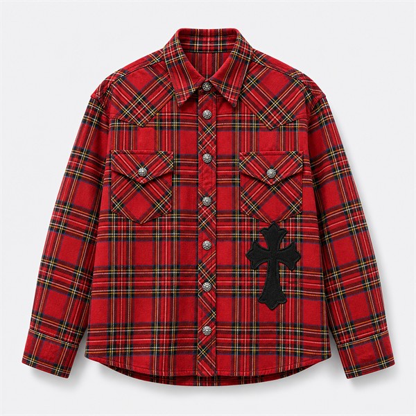 クロムハーツ Plaid Flame Leather Patchwork レザーパッチ シャツ