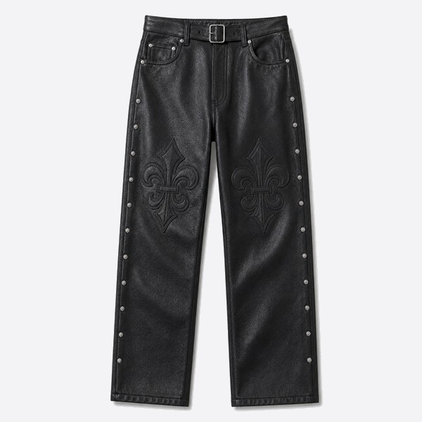 クロムハーツ 4G フレイム Low Rise Straight レザー パンツ ブラック