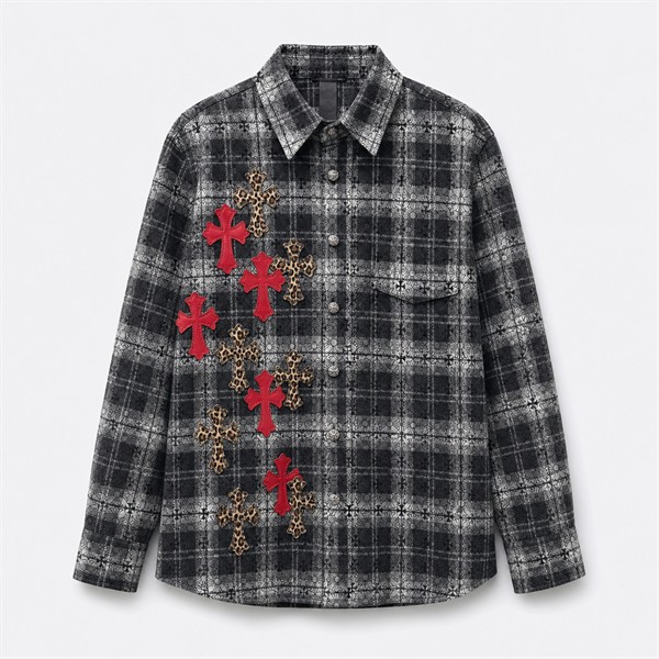 クロムハーツ Plaid Leather Patchwork レザーパッチ シャツ ブラック