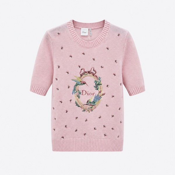 ディオール ディオールアムール 鳩とバラ刺繍 半袖セーター ピンク 624S07A0009