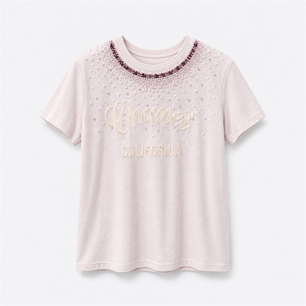 ピンク ロゴ刺繍 クリスタル装飾 ロゴグラフィック Tシャツ
