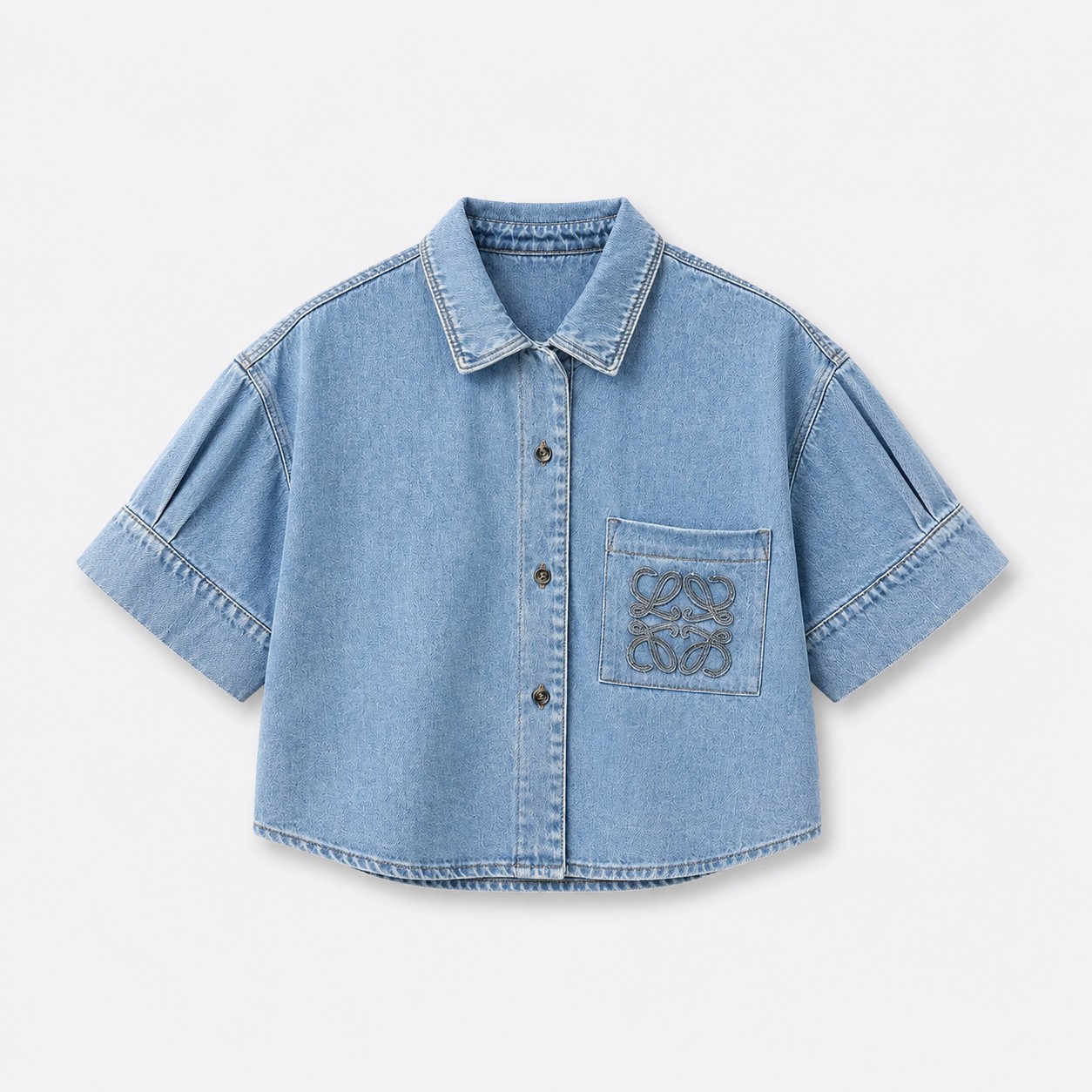 ロエベ ライトブルー グラフィックプリント ロゴ刺繍 デニム ポケットディテール シャツ