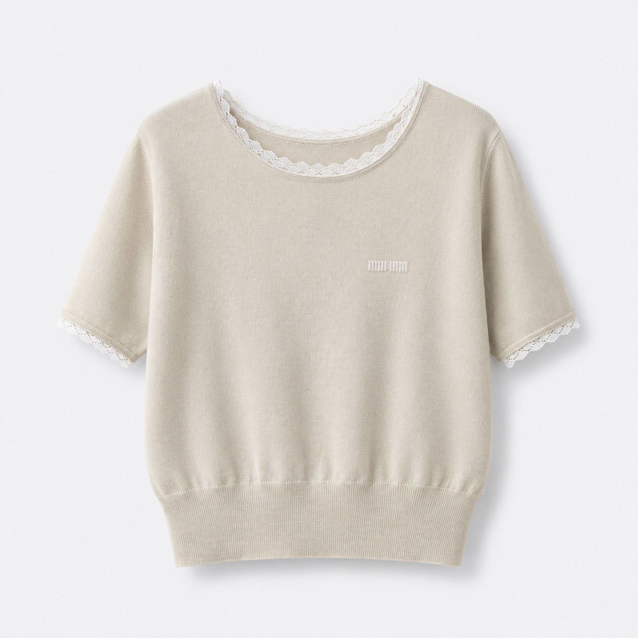 ミュウミュウ フローラル ロゴ刺繍 レーストリム クロップド ニットTシャツ