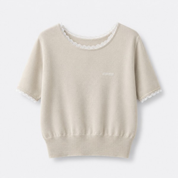 ミュウミュウ フローラル ロゴ刺繍 レーストリム クロップド ニットTシャツ