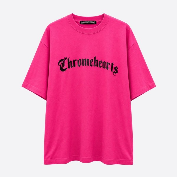クロムハーツ ラインストーンロゴ ピンクウォッシュTシャツ