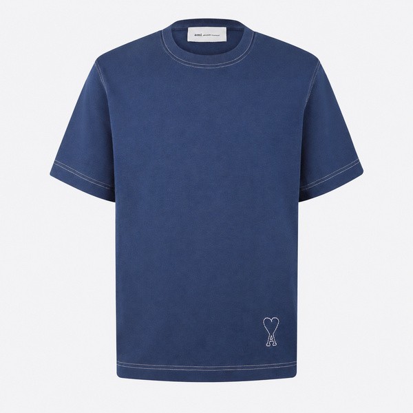 アミ パリス コットン 配色ステッチ アミ・ド・クール Tシャツ インクブルー HTS394.726-A021