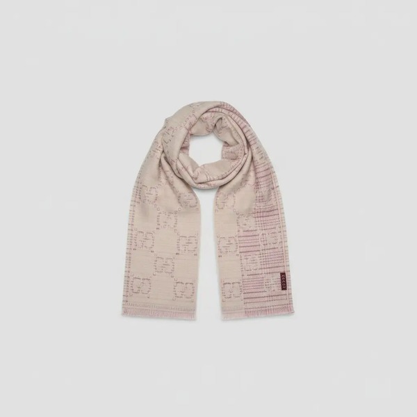 グッチ GG チェック ウールシルク マフラー ピンク／ベージュ