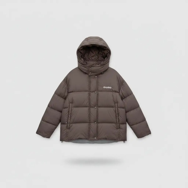 ミュウミュウ ロゴ フーデッド ダウンジャケット ブラウン