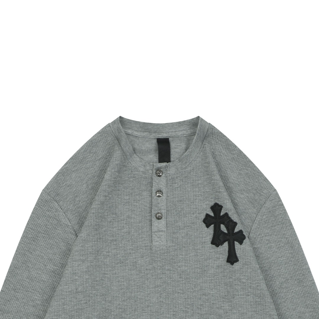 クロムハーツ レザークロスパッチ ワッフル ヘンリーネック ロングスリーブ Tシャツ グレー 詳細画像 3