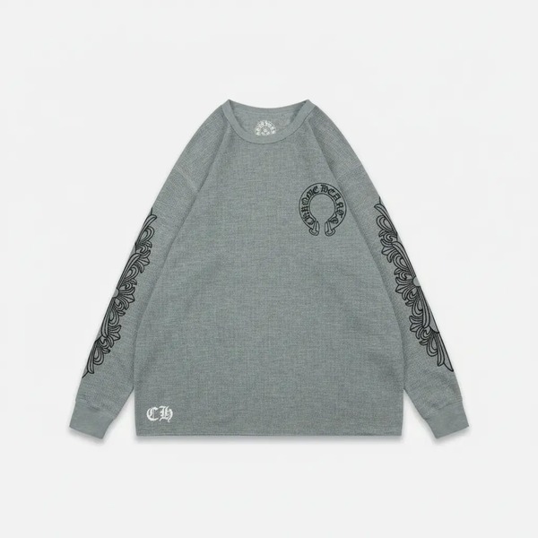 クロムハーツ ホースシュー ロゴ フローラル スクロール スリーブ プリント ワッフル ロングスリーブ Tシャツ グレー