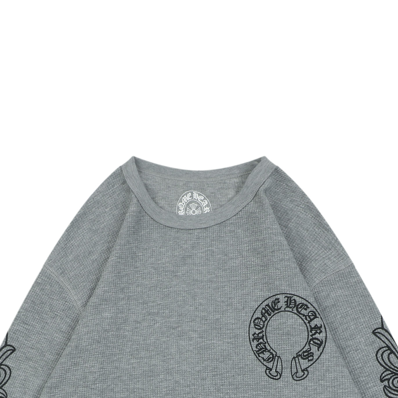 クロムハーツ ホースシュー ロゴ フローラル スクロール スリーブ プリント ワッフル ロングスリーブ Tシャツ グレー 詳細画像 3